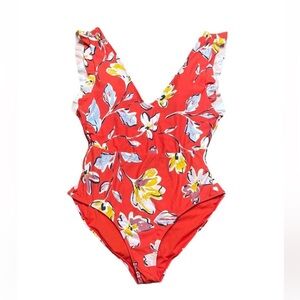 Catalina Swimwear Orange Floral One Piece V Neck Ruffle Swimsuit Size Small 4-6